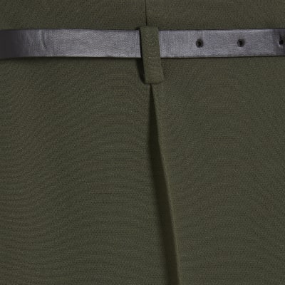 Petite Khaki Belted Straight Leg Trousers