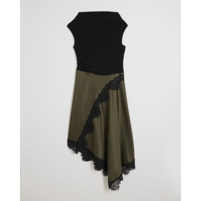 Petite Khaki Lace Hybrid Drape Maxi Dress