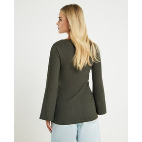 Petite Khaki Long Sleeve Tie Waist Top