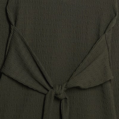 Petite Khaki Long Sleeve Tie Waist Top