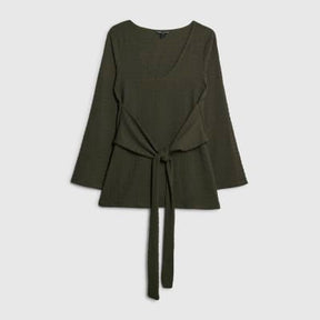 Petite Khaki Long Sleeve Tie Waist Top