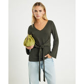 Petite Khaki Long Sleeve Tie Waist Top