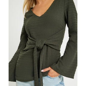 Petite Khaki Long Sleeve Tie Waist Top
