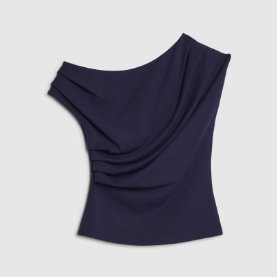 Petite Navy Off Shoulder Drape Top