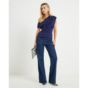 Petite Navy Off Shoulder Drape Top