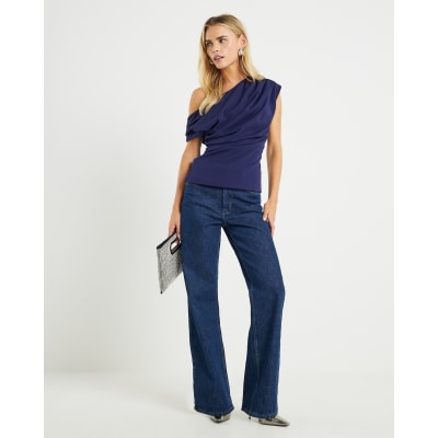 Petite Navy Off Shoulder Drape Top