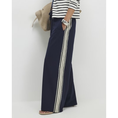 Petite Navy Pinstripe Crochet Joggers