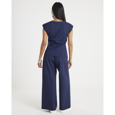 Petite Navy Pinstripe Wide Leg Trousers