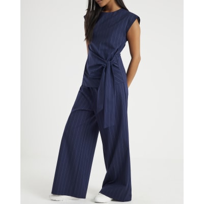 Petite Navy Pinstripe Wide Leg Trousers