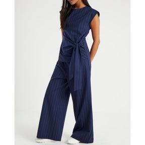 Petite Navy Pinstripe Wide Leg Trousers