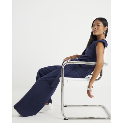 Petite Navy Pinstripe Wide Leg Trousers