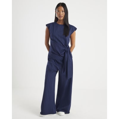 Petite Navy Pinstripe Wide Leg Trousers