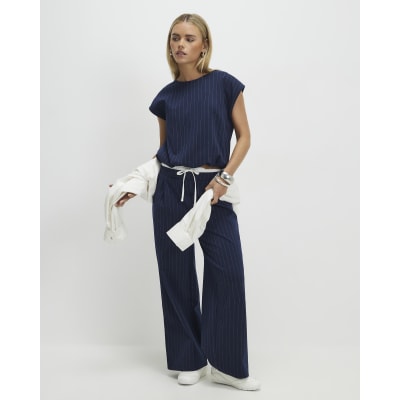 Petite Navy Pinstripe Wide Leg Trousers