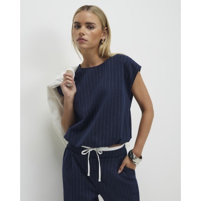 Petite Navy Pinstripe Wide Leg Trousers