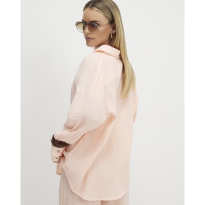 Petite Pink Crinkle Long Sleeve Beach Shirt