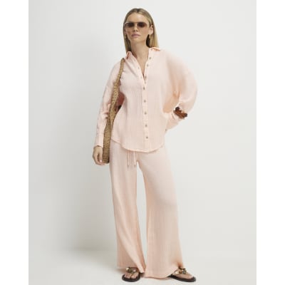 Petite Pink Crinkle Long Sleeve Beach Shirt