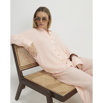 Petite Pink Crinkle Long Sleeve Beach Shirt