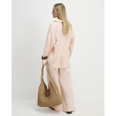 Petite Pink Crinkle Wide Leg Trousers