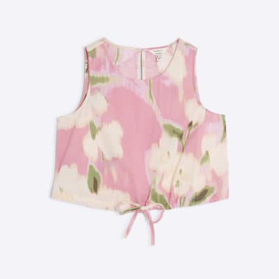 Petite Pink Floral Bubble Hem Tank Top