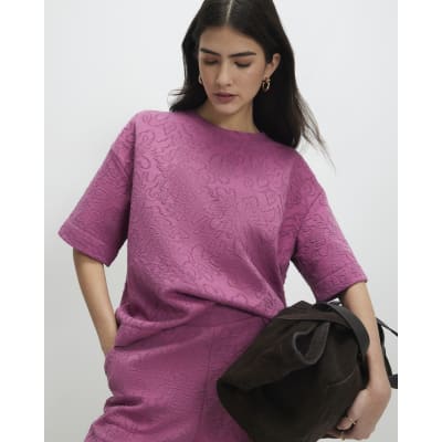 Petite Pink Jacquard Boxy T-Shirt