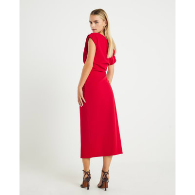 Petite Red Asymmetric Drape Wrap Midi Dress