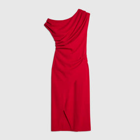 Petite Red Asymmetric Drape Wrap Midi Dress