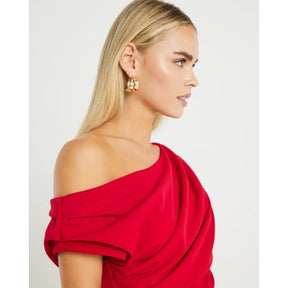 Petite Red Asymmetric Drape Wrap Midi Dress