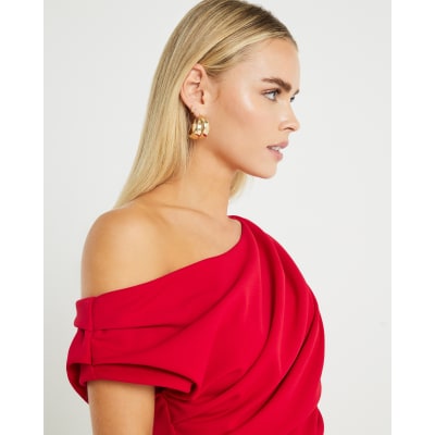Petite Red Asymmetric Drape Wrap Midi Dress