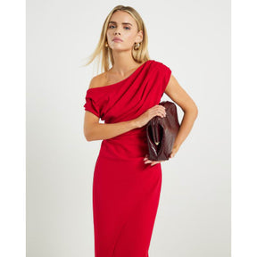 Petite Red Asymmetric Drape Wrap Midi Dress