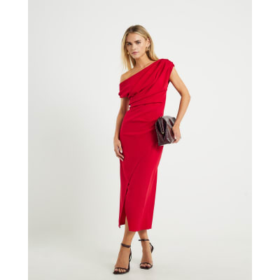 Petite Red Asymmetric Drape Wrap Midi Dress