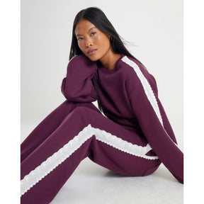 Petite Red Lace Trim Wide Leg Joggers