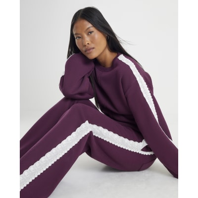 Petite Red Lace Trim Wide Leg Joggers