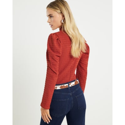 Petite Red Long Sleeve Ruched Shoulder Top