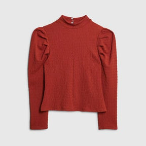 Petite Red Long Sleeve Ruched Shoulder Top