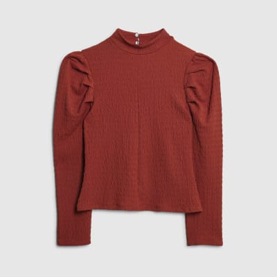 Petite Red Long Sleeve Ruched Shoulder Top