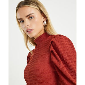 Petite Red Long Sleeve Ruched Shoulder Top
