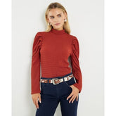 Petite Red Long Sleeve Ruched Shoulder Top