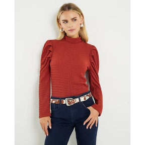 Petite Red Long Sleeve Ruched Shoulder Top
