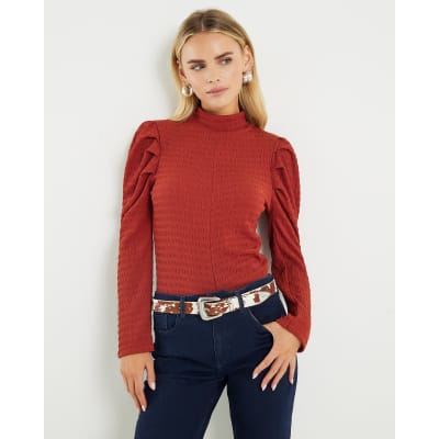 Petite Red Long Sleeve Ruched Shoulder Top
