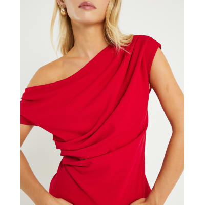 Petite Red Off Shoulder Drape Top