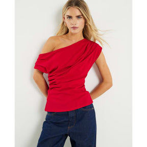 Petite Red Off Shoulder Drape Top