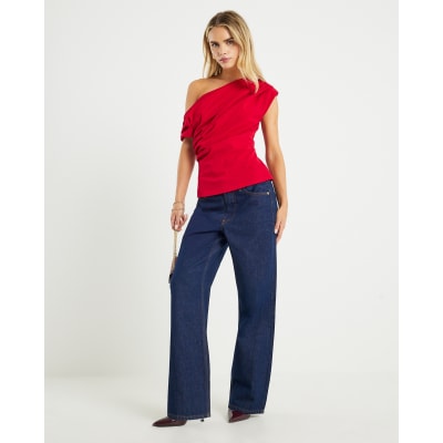 Petite Red Off Shoulder Drape Top