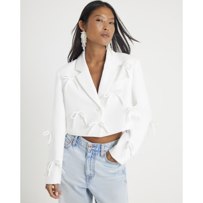 Petite White Bow Detail Cropped Blazer