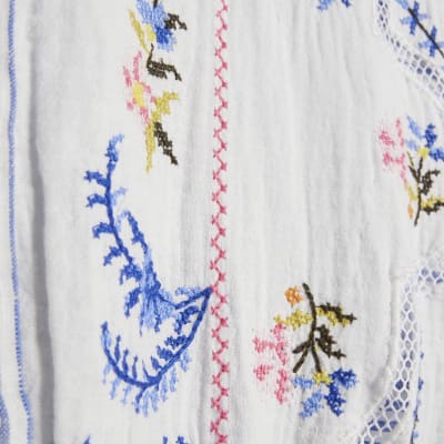 Petite White Embroidery Stripe Playsuit
