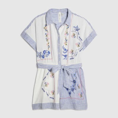 Petite White Embroidery Stripe Playsuit