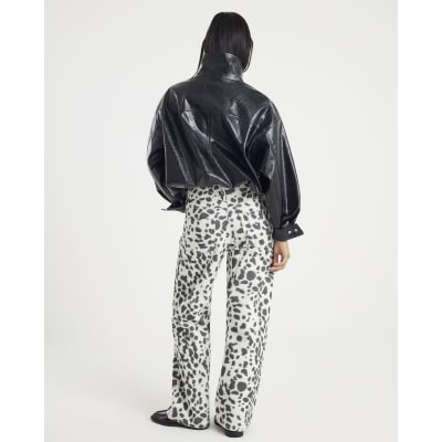 Petite White Leopard Print Straight Leg Jeans