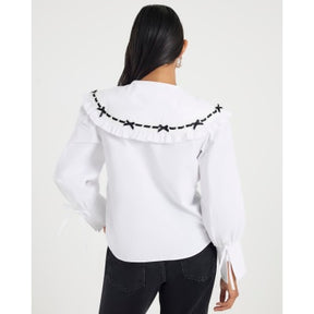 Petite White Poplin Ribbon Trim Collar Shirt