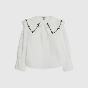 Petite White Poplin Ribbon Trim Collar Shirt