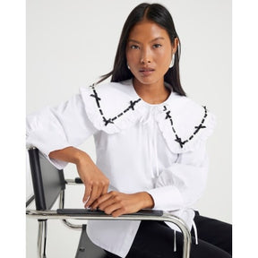 Petite White Poplin Ribbon Trim Collar Shirt