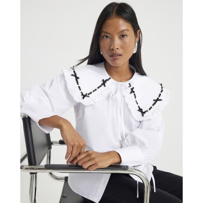 Petite White Poplin Ribbon Trim Collar Shirt